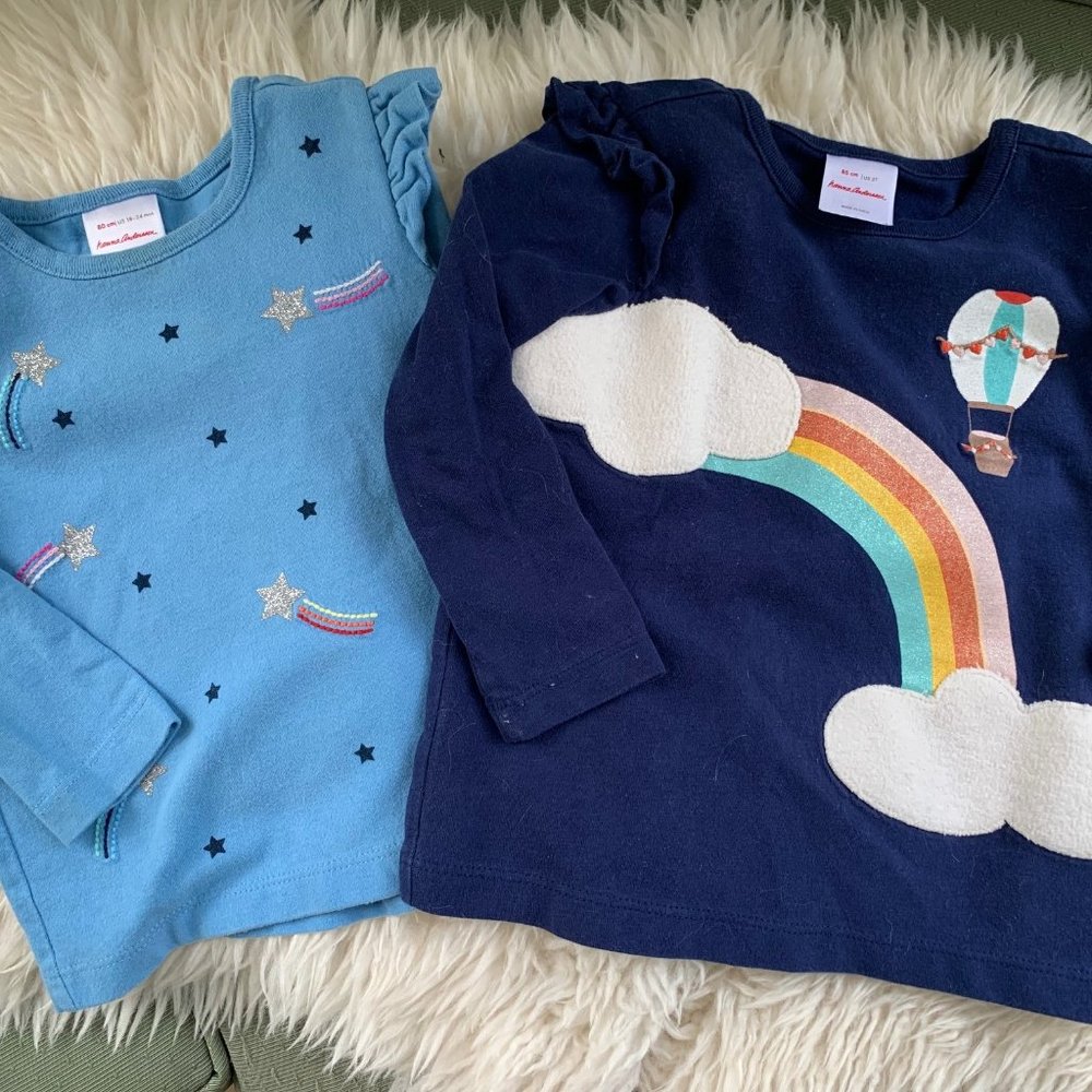 Lot of 2 Hanna Andersson's Girls long sleeve ruffle shoulder tops Blue 18-24m 2T